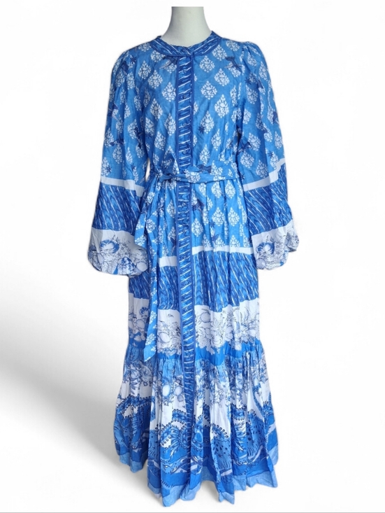 A Loves A Dresses & Skirts - A Loves A Maxi Dress Border Print Mandarin Collar White & Blue S Crocodrile